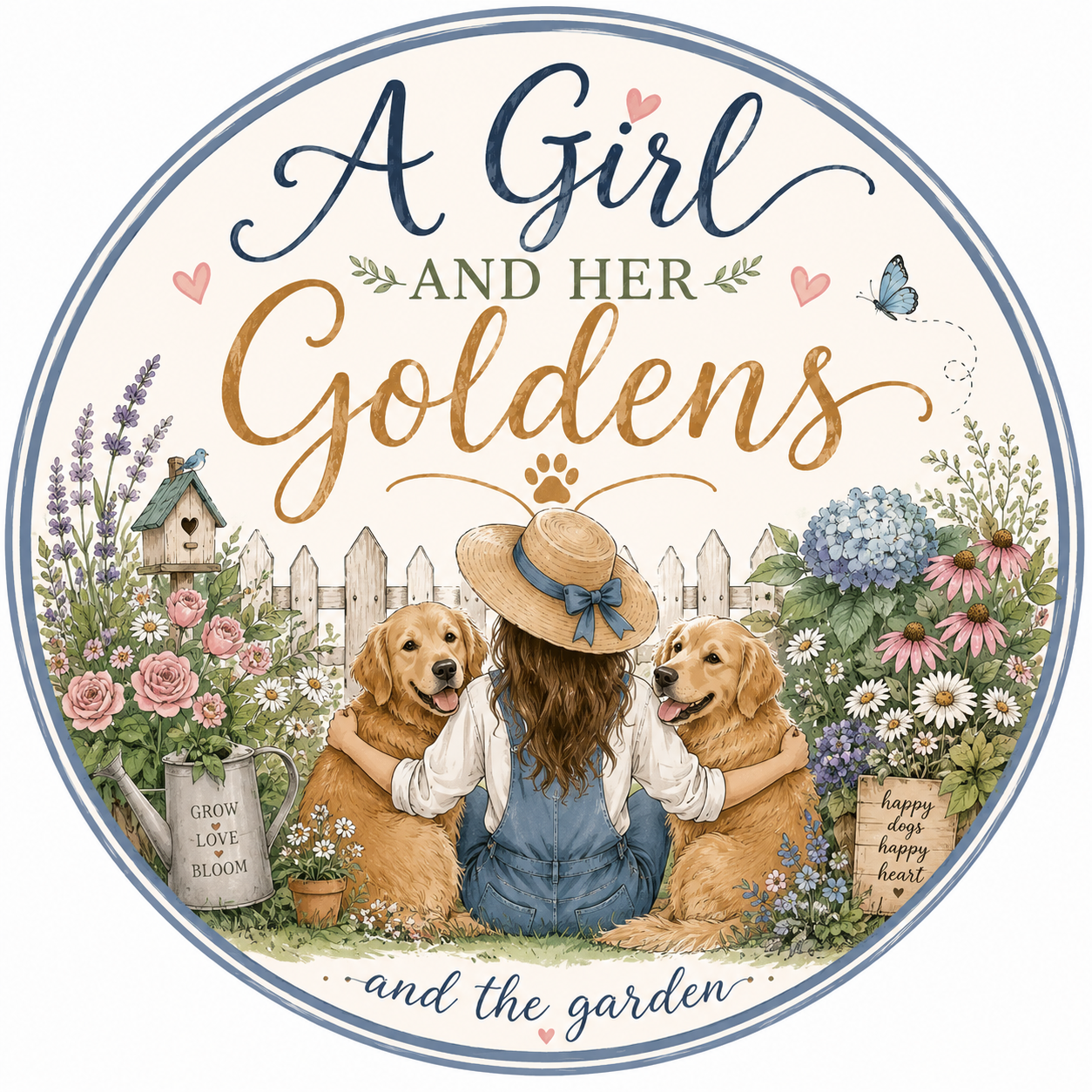A Girl and Her Goldens logo with golden retrievers and garden flowers