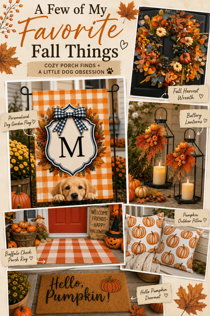 Fall porch decorating ideas with personalized dog flag, wreath, lanterns, pumpkin pillows, doormat and buffalo check rug