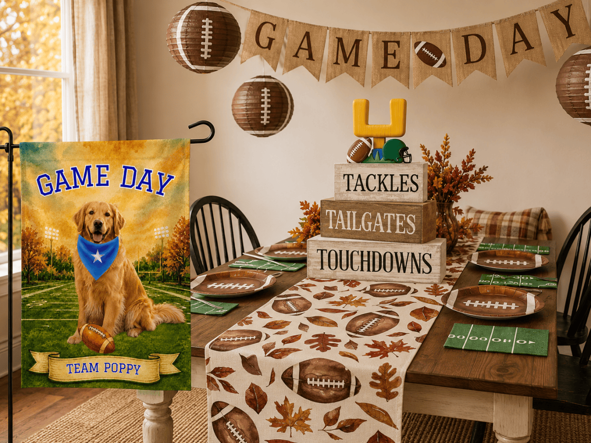 A Cozy Football Watch Party: 8 Amazon Finds + a Personalized Dog&nbsp;Flag
